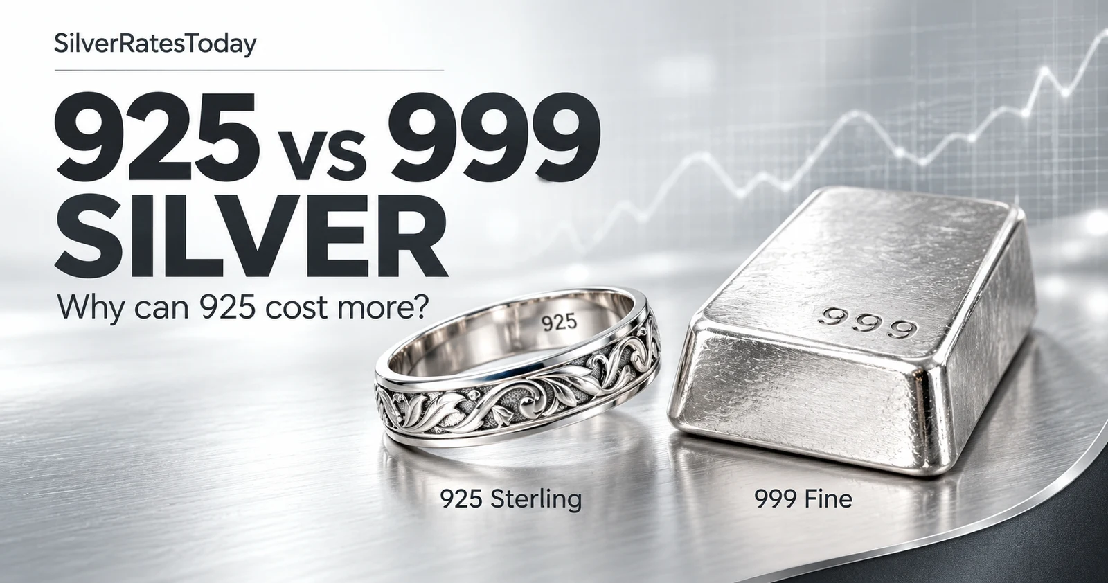 Illustration comparing a 925 sterling silver ring with a 999 fine silver bar.