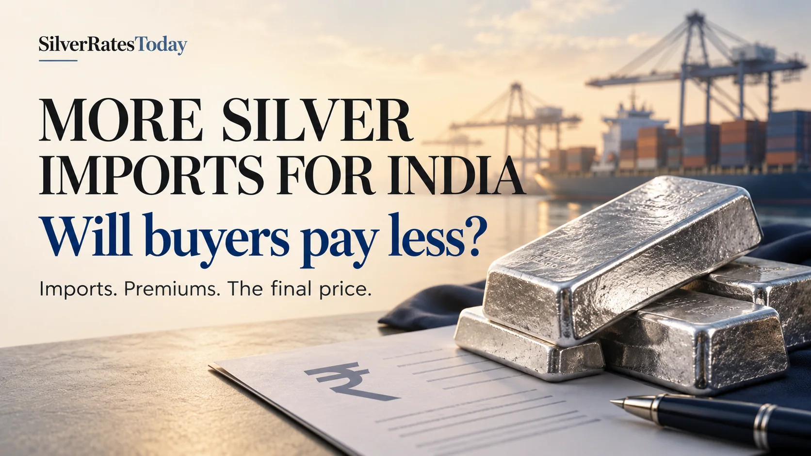 Silver bars beside a rupee invoice at a cargo harbour, illustrating silver imports to India.